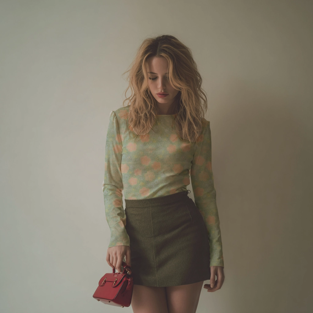 Top à manches longues imprimé Lexa Galbi, motif floral vert et pêche, porté avec jupe élégante.